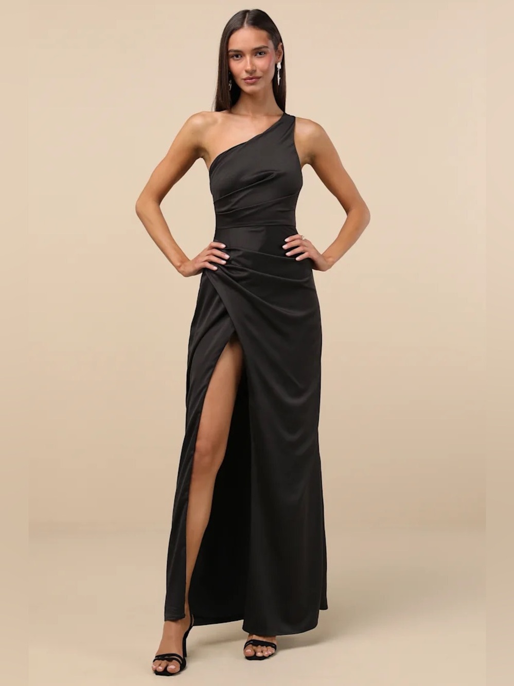 Lulus Dreaming of Elegance Black Satin One-Shoulder Maxi Dress